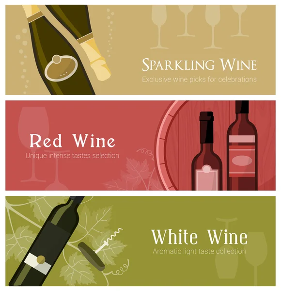 Wine banner set with wine glasses, bottles and barrel, including white, red and sparkling wine — Stock Vector