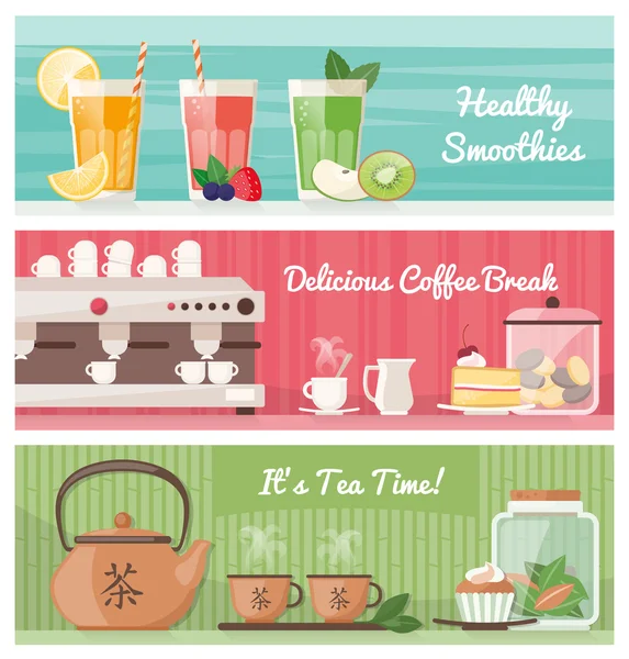 Batidos, café y té, bebidas saludables — Vector de stock