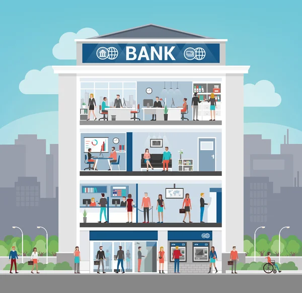 Banco edificio con la gente — Vector de stock