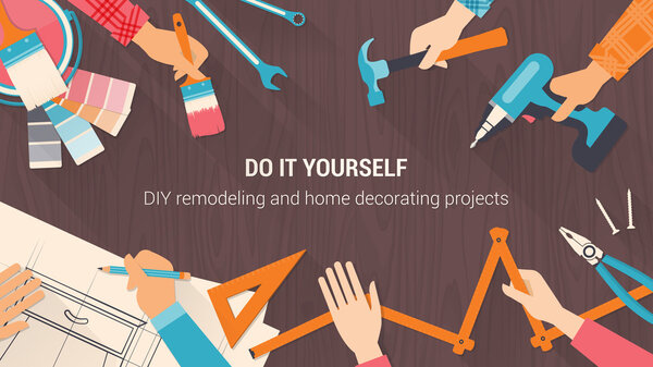 Team of workers using DIY tools