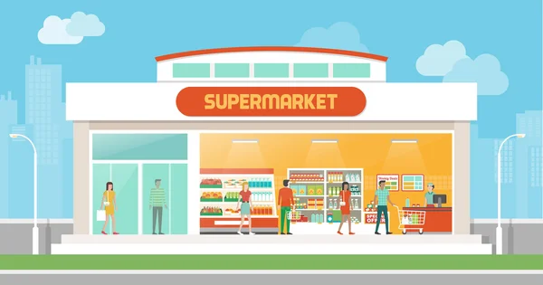 Edificio de supermercados e interior — Vector de stock