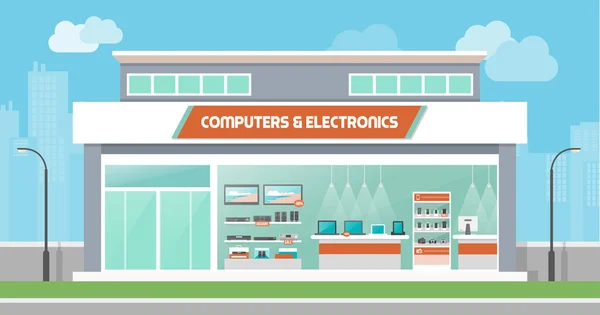 คอมพิวเตอร์และร้านขายอุปกรณ์อิเล็กทรอนิกส์ — ภาพเวกเตอร์สต็อก