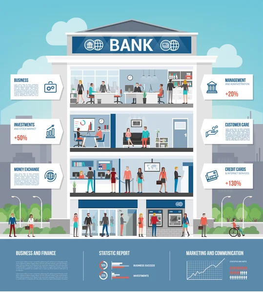 Creación de bancos e infografía financiera — Vector de stock