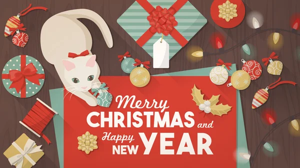 Feliz Navidad banner con gato — Vector de stock