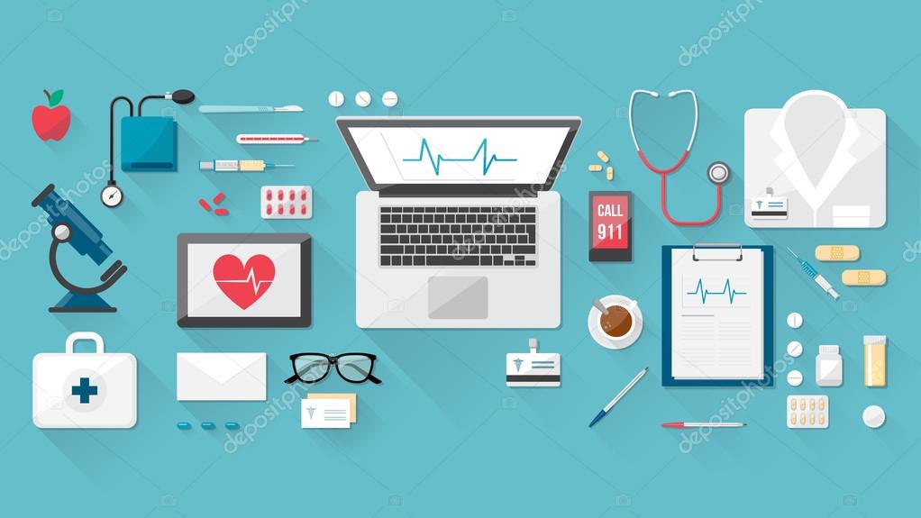 Doctor's desktop with medical healthcare tools