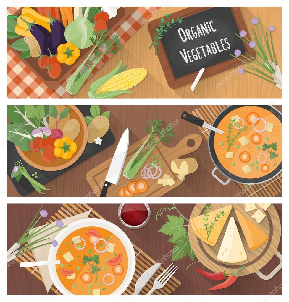 Cooking and healthy eating banner set