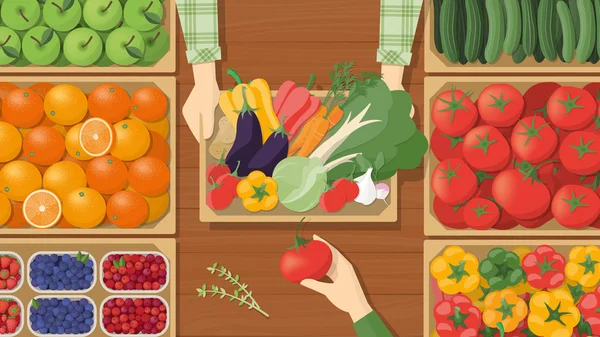 Çiftçi onun taze hasat sebze satan