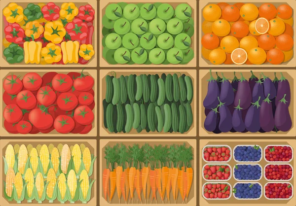农贸市场的蔬菜板条箱 — 图库矢量图片