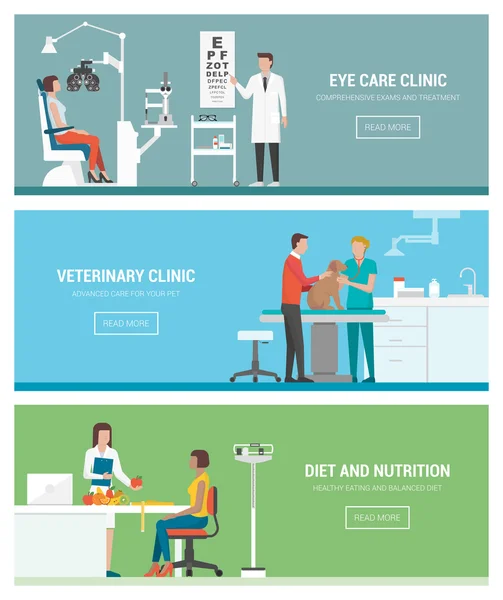 Conjunto de pancartas de atención médica y clínicas — Archivo Imágenes Vectoriales