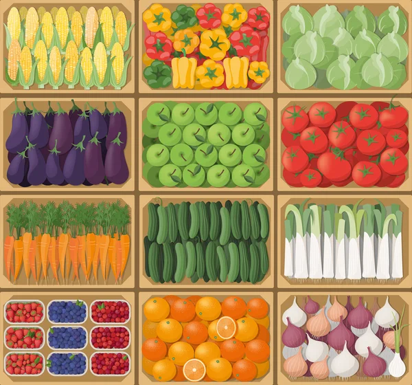 Caixas de legumes no mercado dos agricultores —  Vetores de Stock