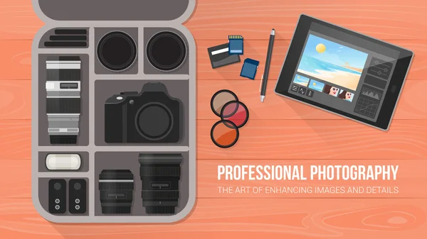 Photographer's bag with professional equipment Stock Illustration