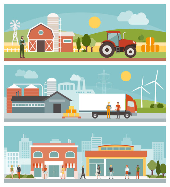 Agriculture, industrial and commerce banners set
