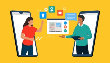 Öğrenci ve profesör online olarak akıllı telefonları, uzaktan öğrenme ve çevrimiçi kurslar konsepti üzerinden bire bağlanıyor.