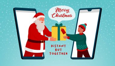 Mutlu Noel Baba akıllı telefondan bir çocuğa sanal bir hediye veriyor. Mesafeli ama birlikte bir Noel kartı.