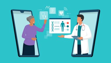 Çevrimiçi doktor ve teletıp: uzman kadın bir telefon uygulaması kullanarak bir doktorla çevrimiçi bağlantı kuruyor ve profesyonel bir tıbbi danışmanlık alıyor