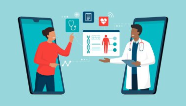 Çevrimiçi doktor ve teletıp: akıllı telefon uygulaması kullanarak bir doktora bağlanan ve profesyonel tıbbi danışmanlık alan bir kadın