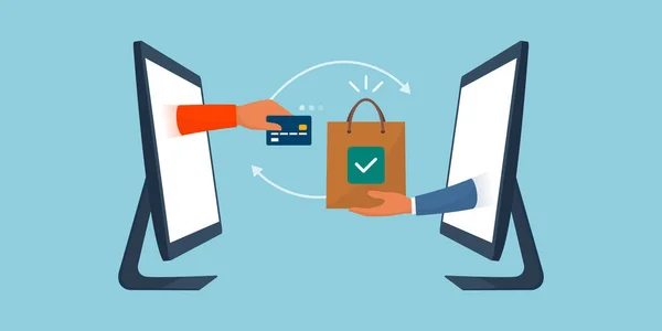 買い物袋 オンラインショッピング 電子決済の概念を与えるアイテムと売り手を購入するユーザー — ストックベクタ