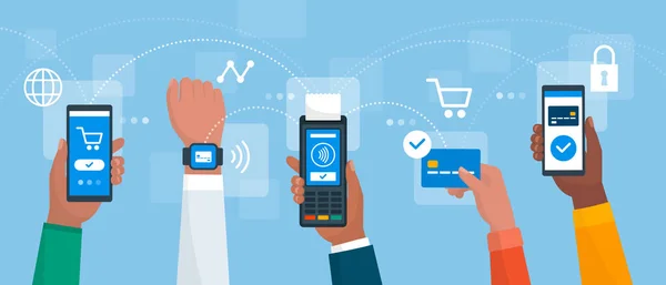 Elektronische Zahlungen Und Sichere Transaktionen Menschen Bezahlen Mit Mobilgeräten Und — Stockvektor