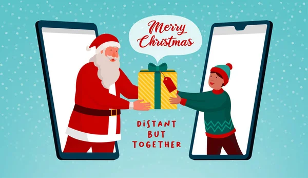 Happy Santa Claus Dávat Virtuální Dárek Pro Chlapce Videohovoru Smartphone — Stockový vektor