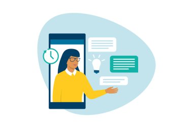 Danışman kadın internette akıllı bir telefonla konuşuyor.