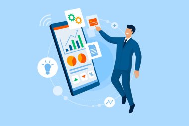 İşadamı akıllı telefonunda finansal uygulamalar kullanıyor.