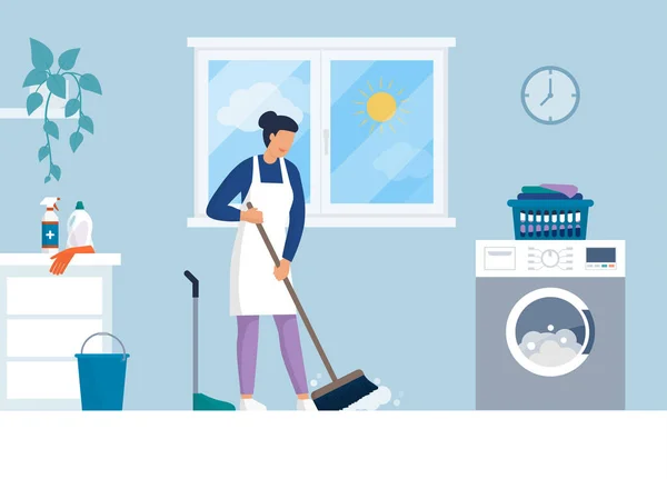 Mujer Limpiando Casa — Vector de stock