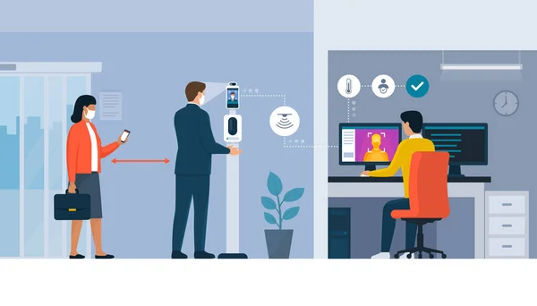 温度スクリーニングキオスクと顔認識 — ストックベクタ