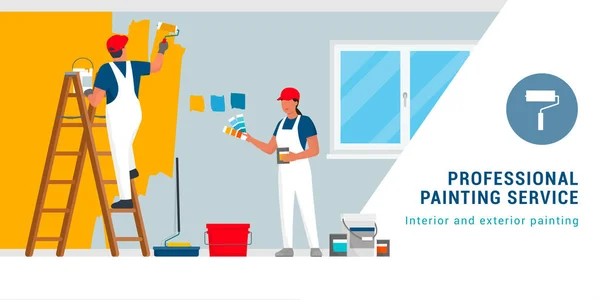 Pintores Profesionales Pintando Paredes Una Habitación Residencial — Vector de stock