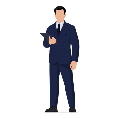 Beyaz arka planda izole bir şekilde duran ve elinde bir pano tutan bir şirket yöneticisinin portresi.