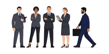 Kurumsal çeşitlilikteki iş insanları gülümsüyor, ayakta duruyor ve birlikte poz veriyor, insan kaynakları kavramı, izole edilmiş