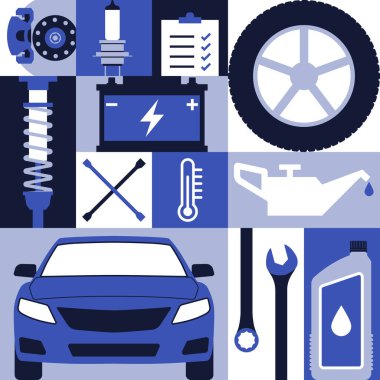 Araba bakım ve onarım servisi, otomobil tamirhanesi geometrik desenli ikonlar