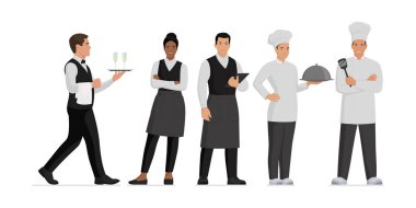 Profesyonel gülümseyen mutfak personeli ve restoran çalışanları birlikte poz veriyorlar: aşçılar ve garsonlar, izole edilmiş