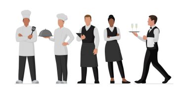 Profesyonel mutfak personeli ve restoran çalışanları birlikte poz veriyorlar: aşçılar ve garsonlar, izole edilmiş