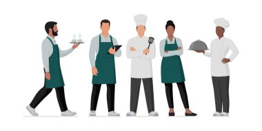 Profesyonel mutfak personeli ve restoran çalışanları birlikte poz veriyorlar: aşçılar ve garsonlar, izole edilmiş