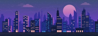 Geleceğin buhar dalgası şehir silueti arkaplanı perspektif ızgarası ile geceleyin