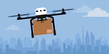 İHA şehrin üzerinde uçuyor ve bir paket, teslimat ve ulaşım konsepti getiriyor.