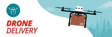 İHA şehrin üzerinde uçuyor ve bir paket, teslimat ve ulaşım konsepti getiriyor.