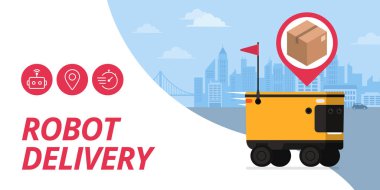 Şehir caddesinde bir paket teslim eden özerk robot, kopya alanı olan pankart