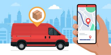 Akıllı telefondan paket ve teslimat paketi takip uygulaması taşıyan teslimat minibüsü: dağıtım hizmeti ve teknoloji konsepti