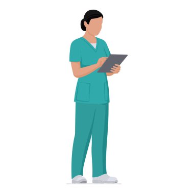 Dijital tablet kullanan ve tıbbi kayıtları, ilaç ve sağlık konseptini, tüm vücudu izole eden kendinden emin bir kadın doktor.