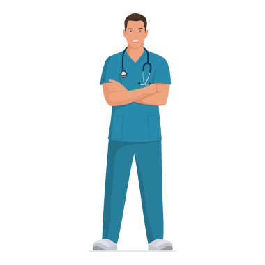 Steteskoplu kendine güvenen doktor kolları çapraz, ilaç ve sağlık sigortası kavramı ile ayakta duruyor, tüm vücudu izole edilmiş.