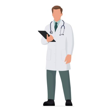 Doktor elinde bir pano, ilaç ve sağlık sigortası konsepti ile ayakta duruyor ve tutuyor.