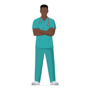 Steteskoplu kendine güvenen doktor kolları çapraz, ilaç ve sağlık sigortası kavramı ile ayakta duruyor, tüm vücudu izole edilmiş.