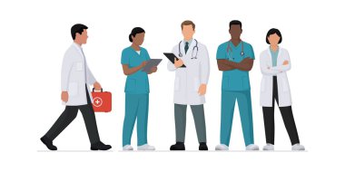 Beyaz arka planda izole edilmiş bir grup doktor ve sağlık çalışanı bir arada duruyorlar.