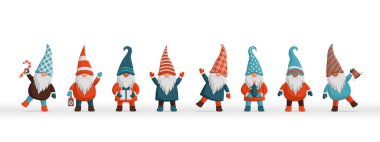 Sırada bekleyen ve elinde farklı nesneler tutan bir grup sevimli Noel cücesi.