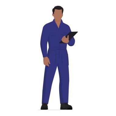 Kendine güvenen profesyonel tamirci elinde tablet, araba tamir servisi, tüm vücudu izole edilmiş.