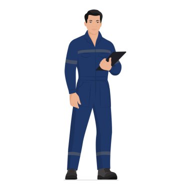 Kendine güvenen profesyonel tamirci elinde tablet, araba tamir servisi, tüm vücudu izole edilmiş.