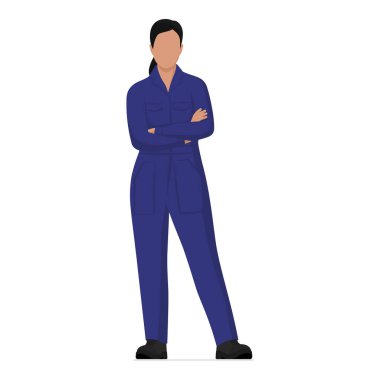 Kolları çapraz duran kendinden emin tamirci kadın, tulum giyiyor, araba tamir servisi, tüm vücudu izole edilmiş.