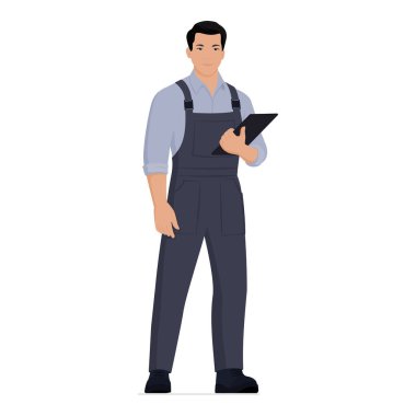 Profesyonel teknisyen ve tamirci dijital tablet tutuyor, tüm vücudu izole edilmiş.