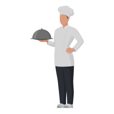 Mutfak çalışanı beyaz arka planda poz veriyor: kendine güvenen kadın şef elinde kapaklı ve ayakta duran bir tepsi tutuyor.